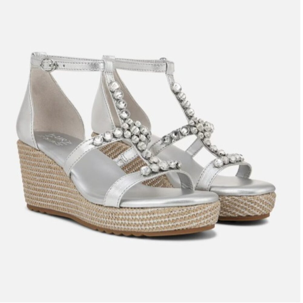 Naturalizer Silver T-Strap Jeweled Espadrille Wedge Sandals - Picture 3 of 6
